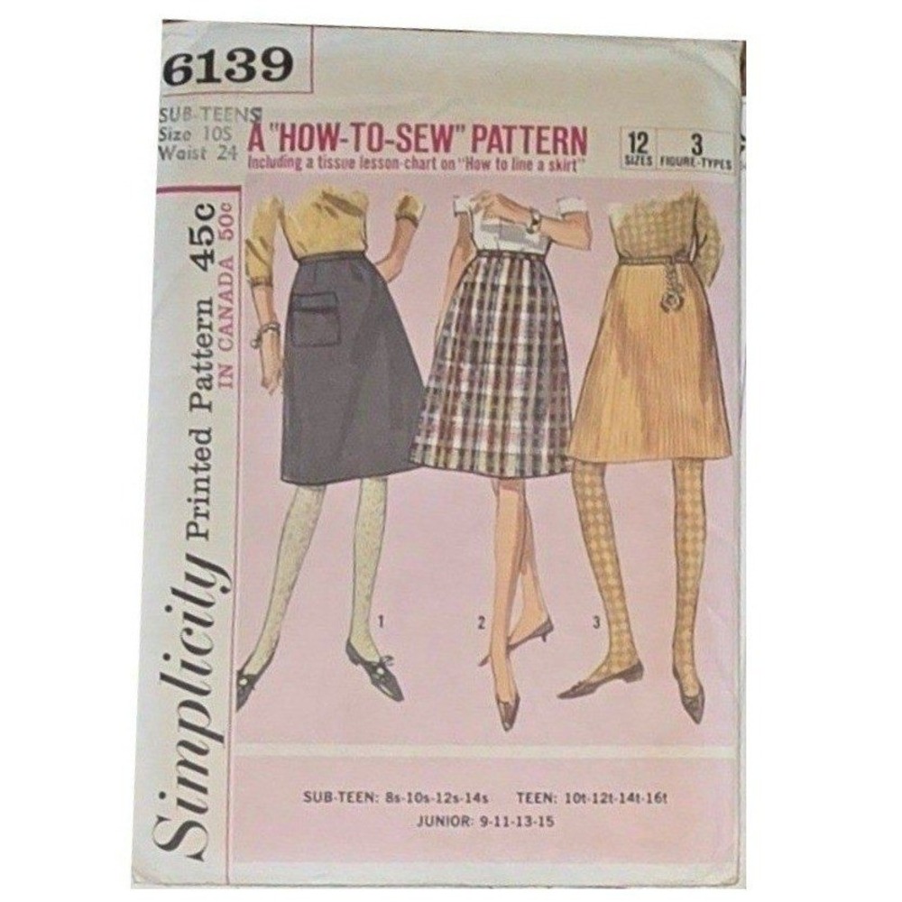 VINTAGE SIMPLICITY "how-to-sew pattern 1960s skirts lining methods sub teen 6139